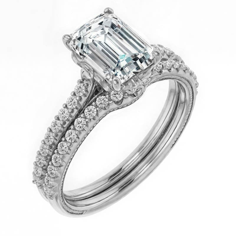 Emerald / Radiant Vintage Engagement Ring with Milgrain
