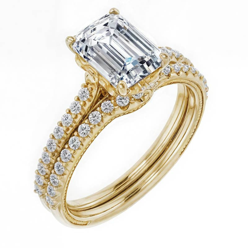 Emerald / Radiant Vintage Engagement Ring with Milgrain