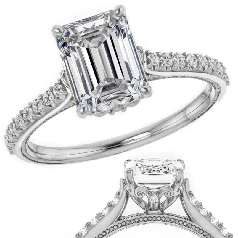 Emerald / Radiant Vintage Engagement Ring with Milgrain