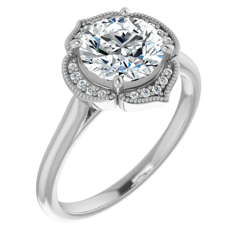 Round Petite Halo Floral Moissanite Engagement Ring