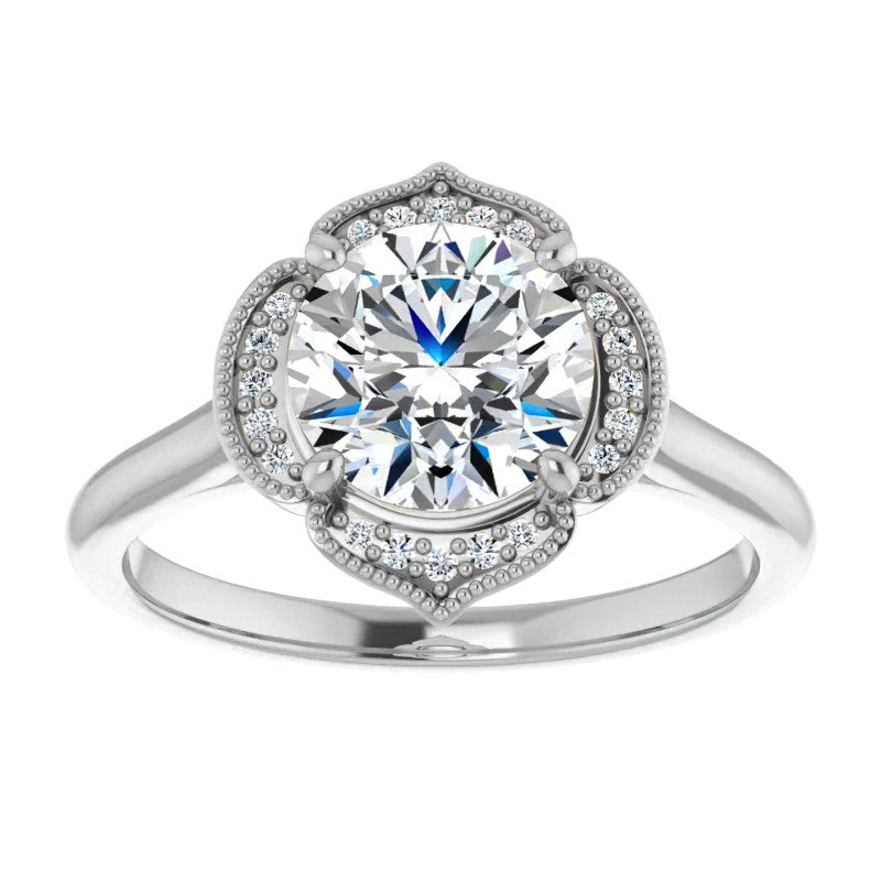 Round Petite Halo Floral Moissanite Engagement Ring