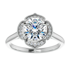 Round Petite Halo Floral Moissanite Engagement Ring
