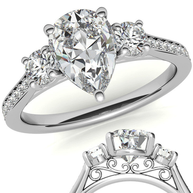 Pear Three-Stone Moissanite Cathedral Engagement Ring