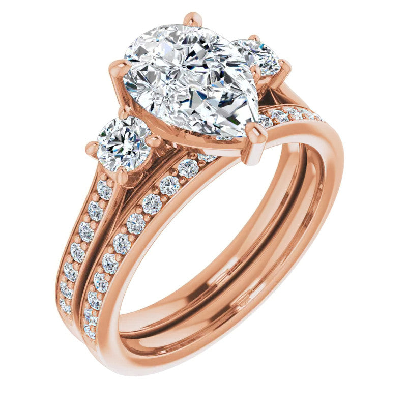 Pear Three-Stone Moissanite Cathedral Engagement Ring