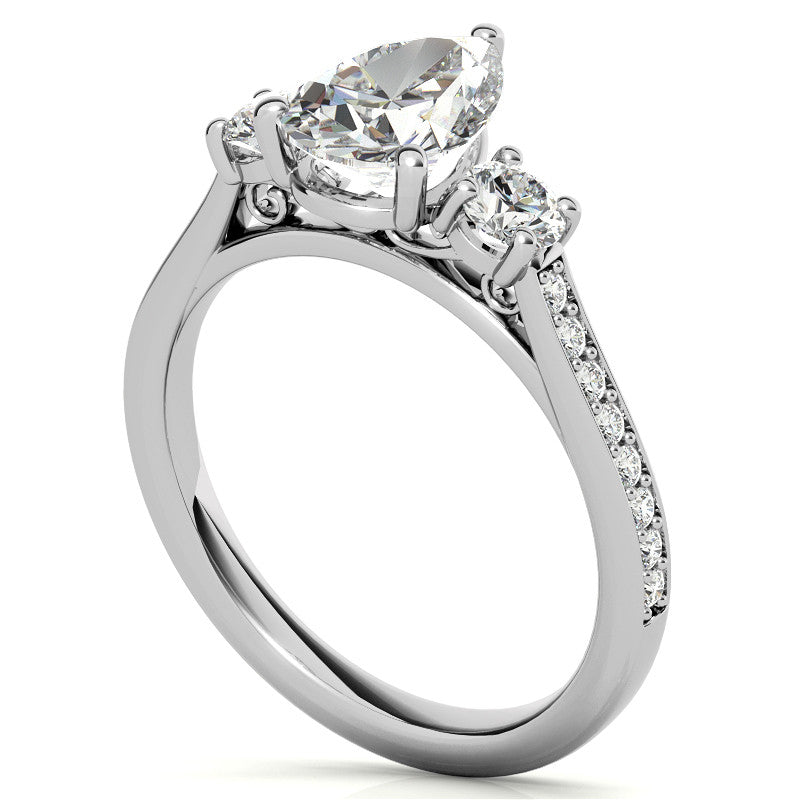 Pear Three-Stone Moissanite Cathedral Engagement Ring