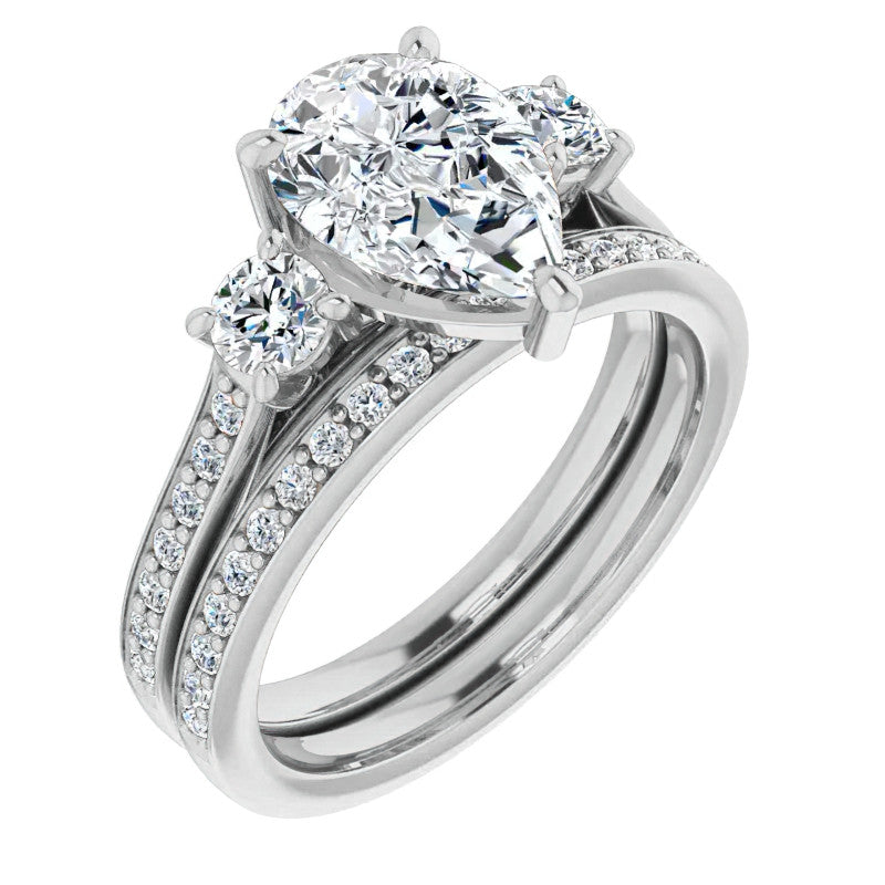 Pear Three-Stone Moissanite Cathedral Engagement Ring