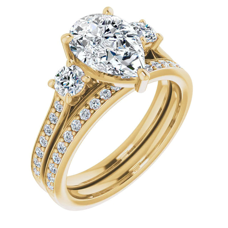 Pear Three-Stone Moissanite Cathedral Engagement Ring