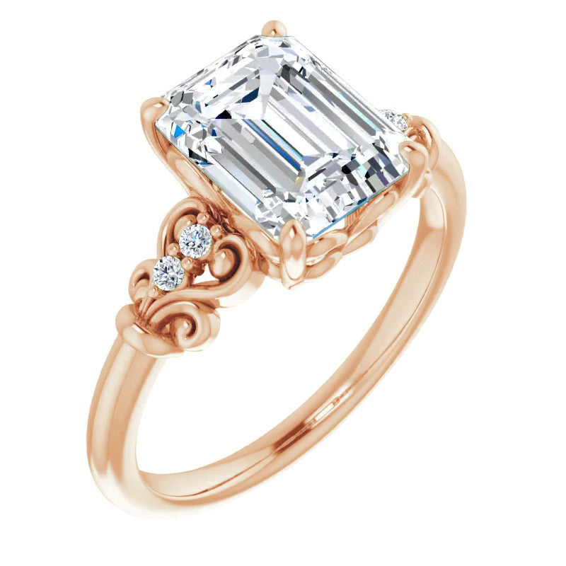 Emerald / Radiant cut Scroll Engagement Ring