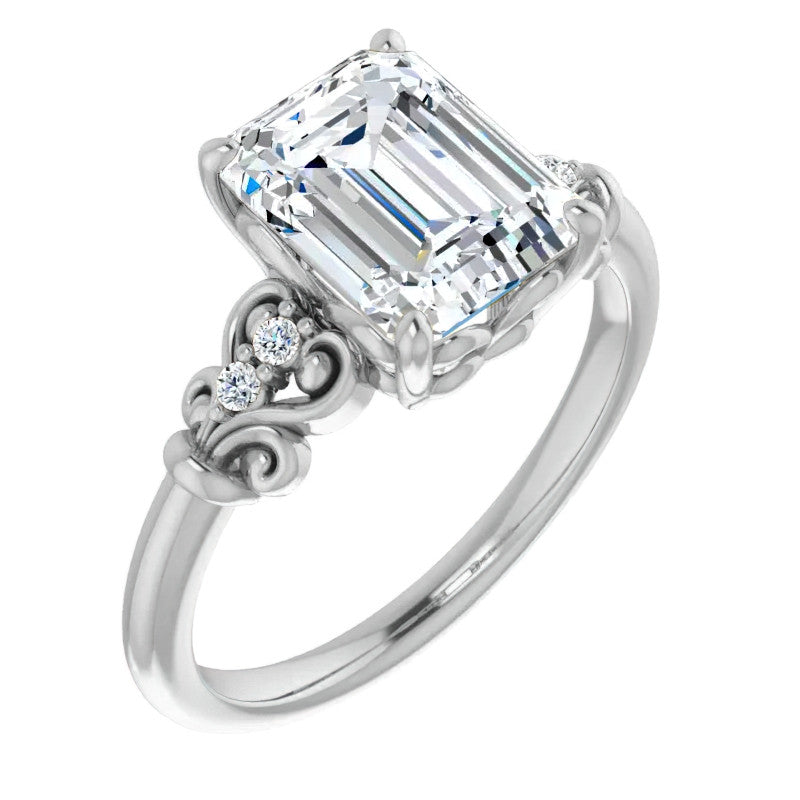 Emerald / Radiant cut Scroll Engagement Ring