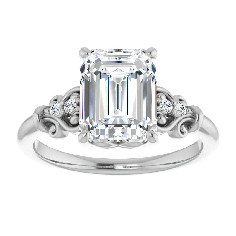 Emerald / Radiant cut Scroll Engagement Ring