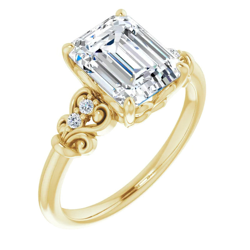 Emerald / Radiant cut Scroll Engagement Ring