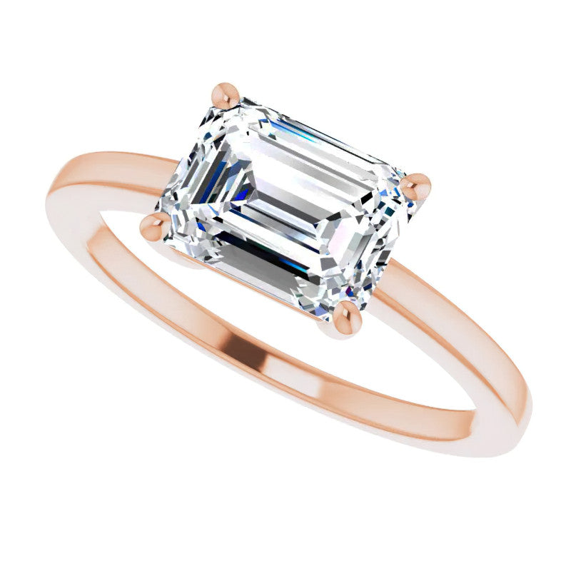 Petite Low East-West Emerald / Radiant Moissanite Solitaire Ring