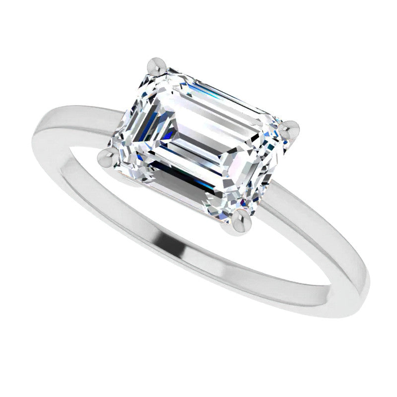 Petite Low East-West Emerald / Radiant Moissanite Solitaire Ring