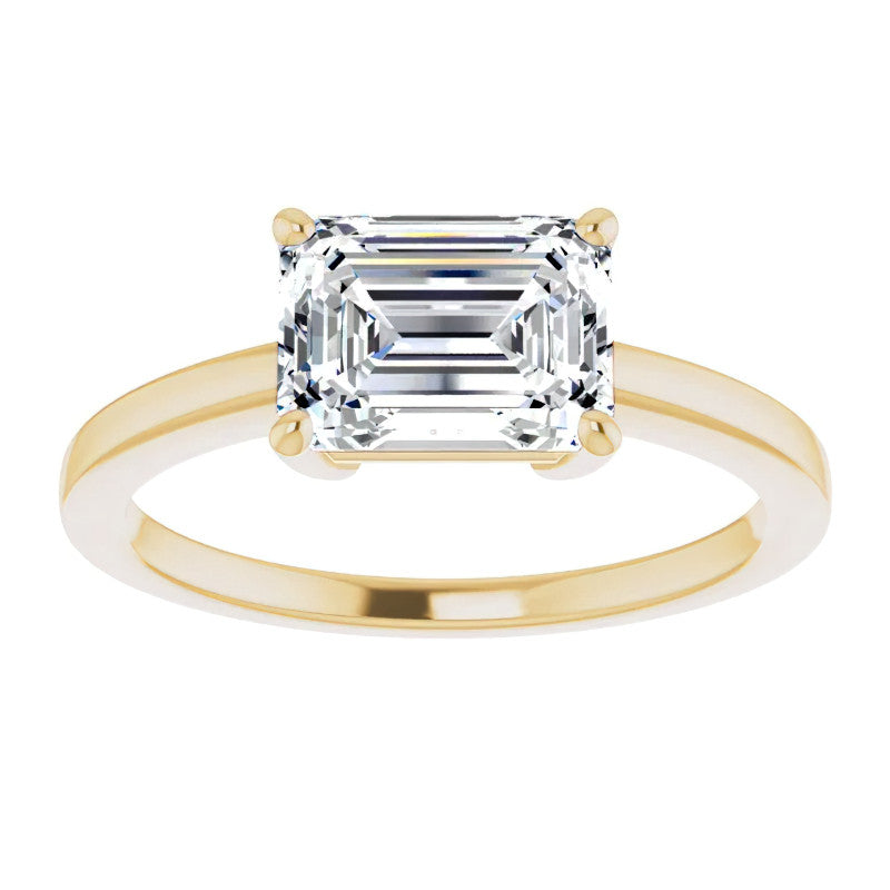 Petite Low East-West Emerald / Radiant Moissanite Solitaire Ring