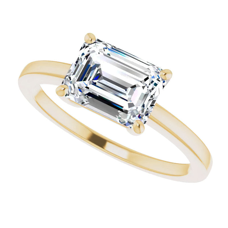 Petite Low East-West Emerald / Radiant Moissanite Solitaire Ring