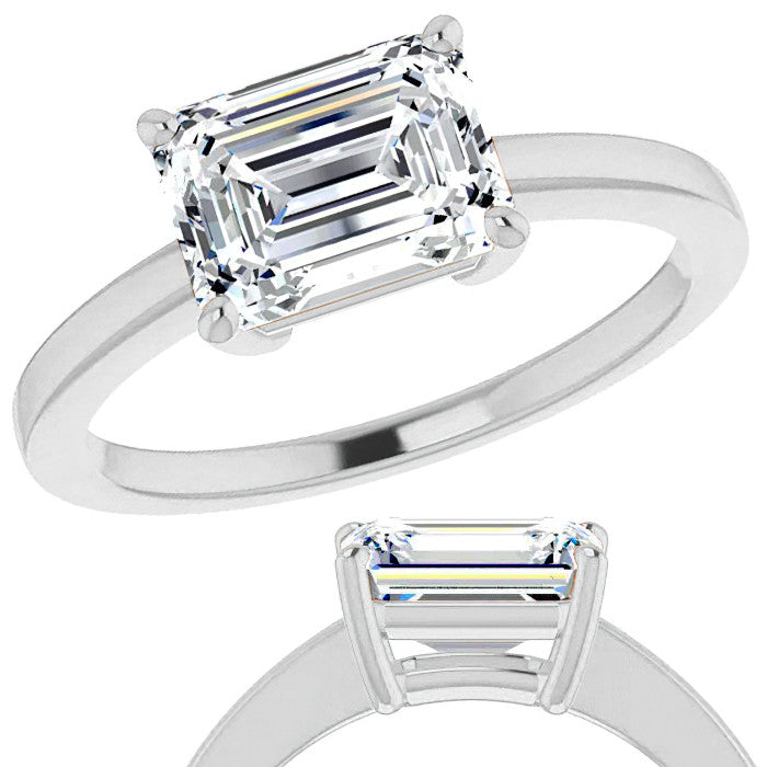 Petite Low East-West Emerald / Radiant Moissanite Solitaire Ring