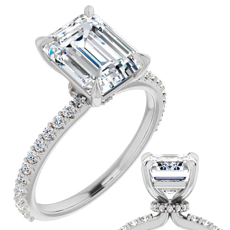 Emerald / Radiant cut Moissanite Engagement Ring with collar