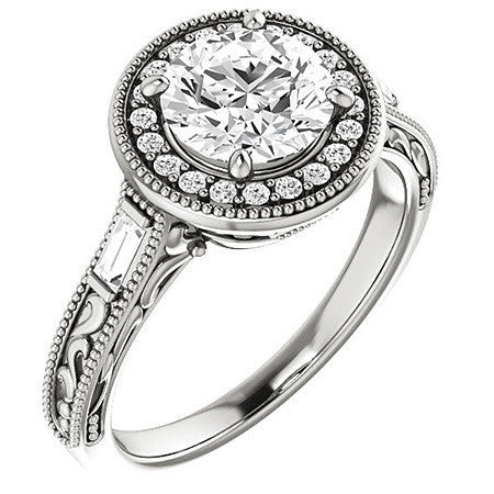 Round & Baguette Accent Halo Engagement with Milgrain