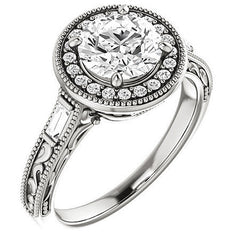 Round & Baguette Accent Halo Engagement with Milgrain