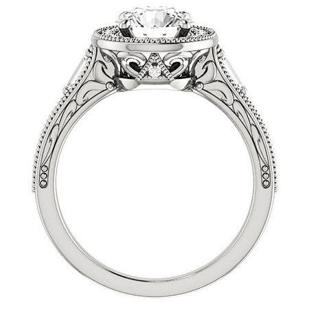 Round & Baguette Accent Halo Engagement with Milgrain
