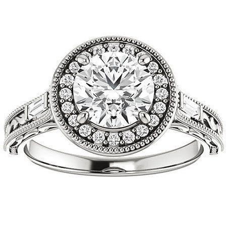 Round & Baguette Accent Halo Engagement with Milgrain
