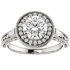 Round & Baguette Accent Halo Engagement with Milgrain