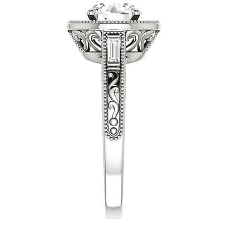 Round & Baguette Accent Halo Engagement with Milgrain