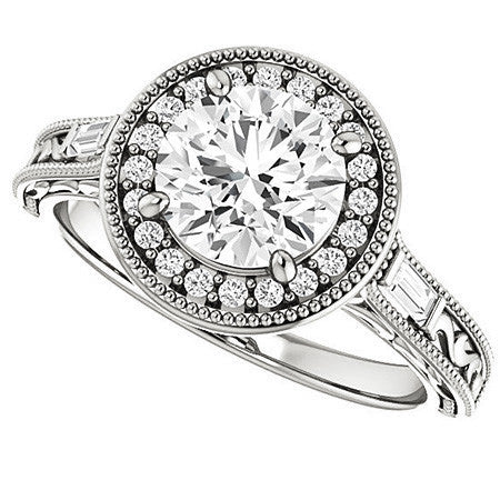 Round & Baguette Accent Halo Engagement with Milgrain