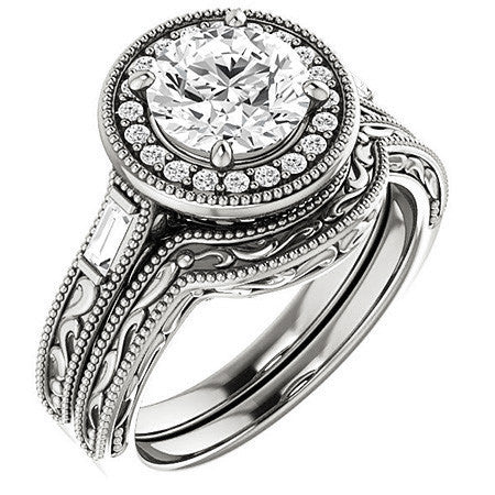 Round & Baguette Accent Halo Engagement with Milgrain