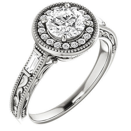 Round & Baguette Accent Halo Engagement with Milgrain