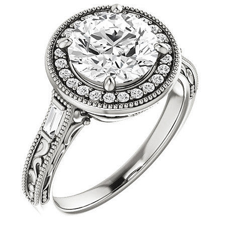 Round & Baguette Accent Halo Engagement with Milgrain