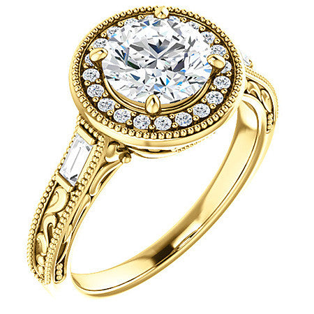 Round & Baguette Accent Halo Engagement with Milgrain