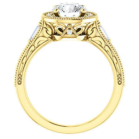 Round & Baguette Accent Halo Engagement with Milgrain