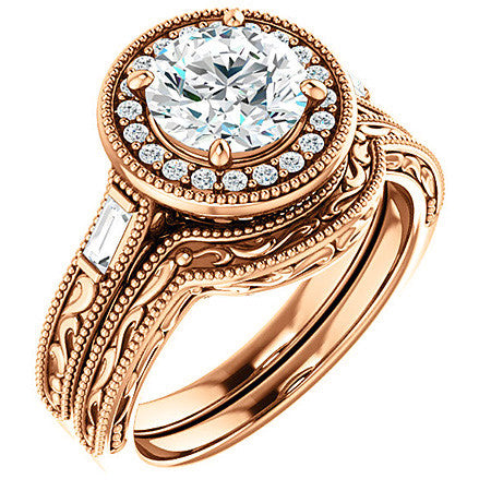 Round & Baguette Accent Halo Engagement with Milgrain