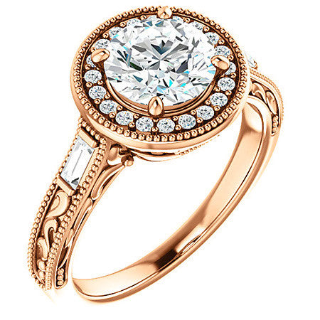 Round & Baguette Accent Halo Engagement with Milgrain