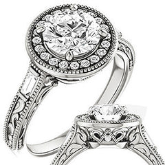 Round & Baguette Accent Halo Engagement with Milgrain