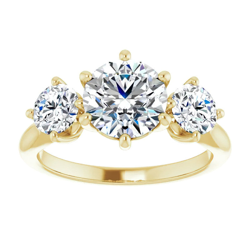Round Brilliant Moissanite Heart Accented Three-Stone Ring