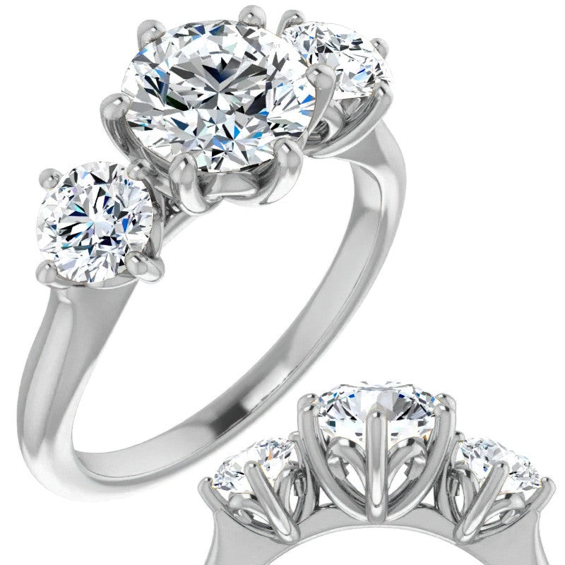 Round Brilliant Moissanite Heart Accented Three-Stone Ring