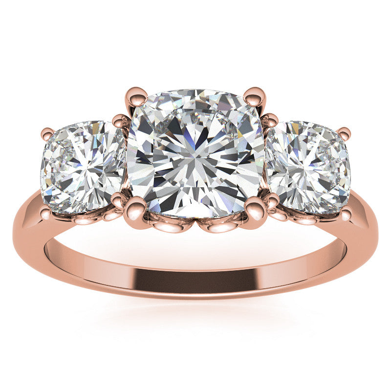 Cushion Moissanite Three Stone Ring with Scroll Accents