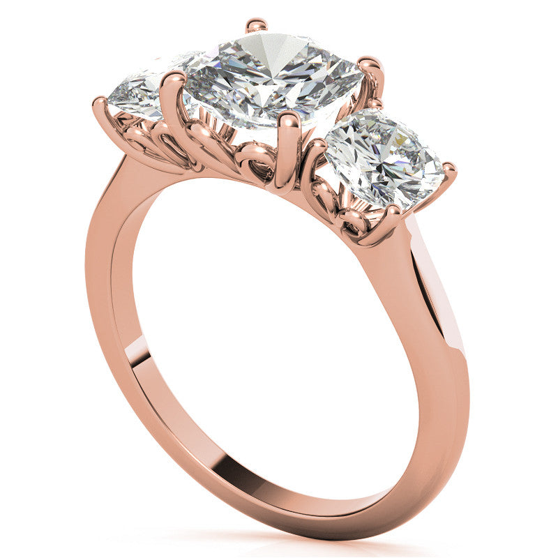 Cushion Moissanite Three Stone Ring with Scroll Accents
