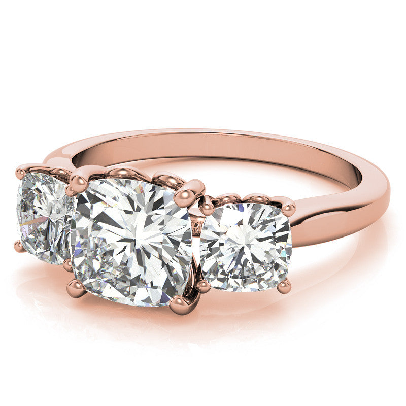 Cushion Moissanite Three Stone Ring with Scroll Accents
