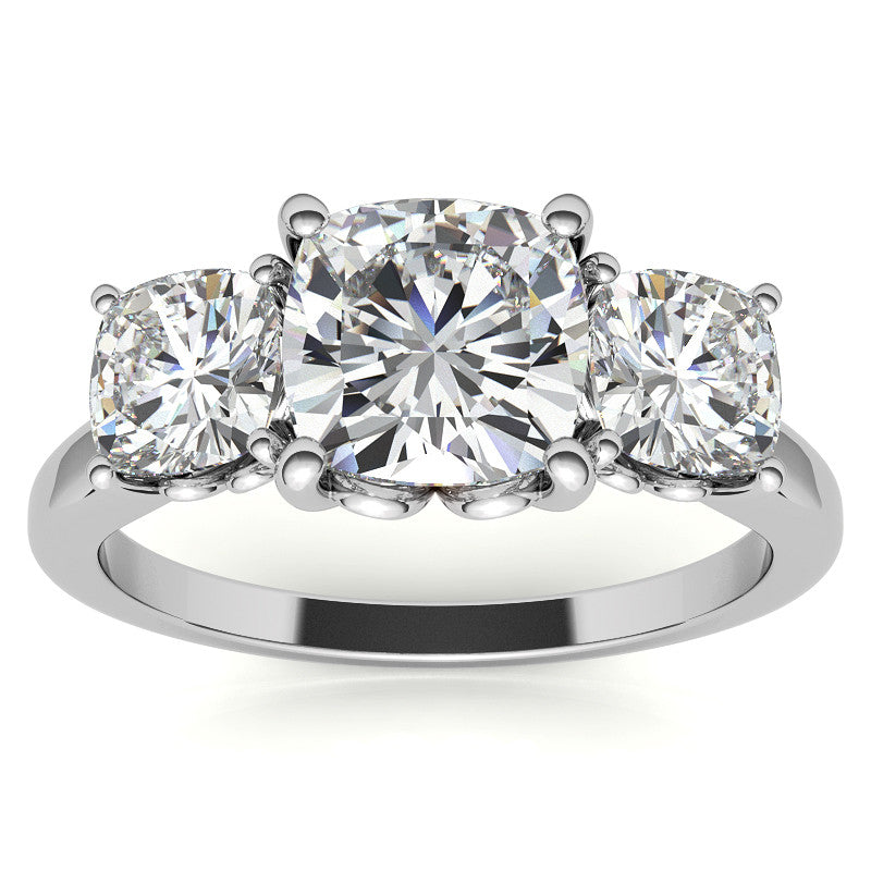 Cushion Moissanite Three Stone Ring with Scroll Accents