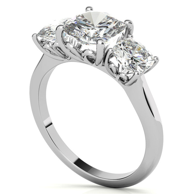 Cushion Moissanite Three Stone Ring with Scroll Accents
