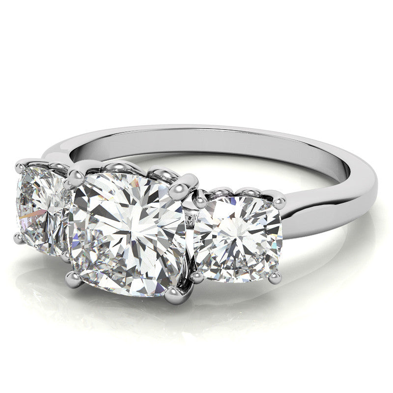 Cushion Moissanite Three Stone Ring with Scroll Accents