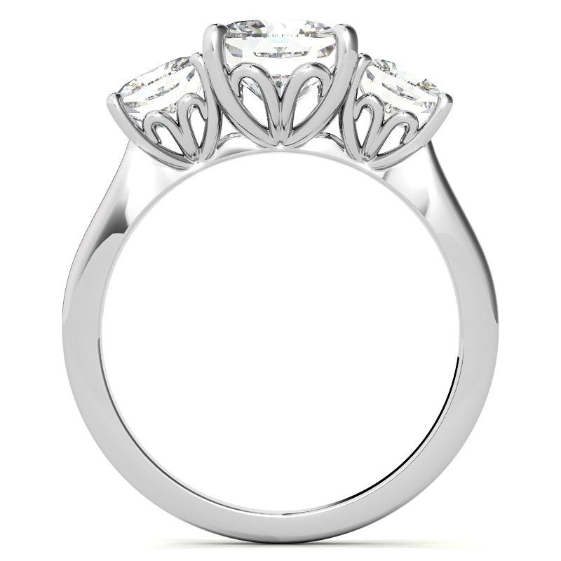 Cushion Moissanite Three Stone Ring with Scroll Accents