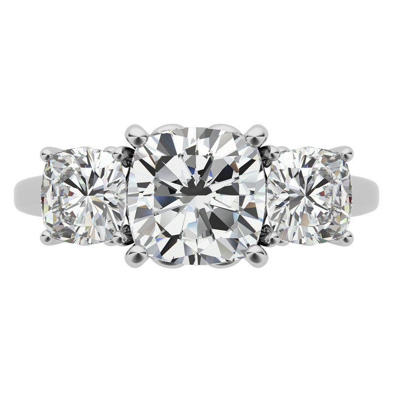 Cushion Moissanite Three Stone Ring with Scroll Accents