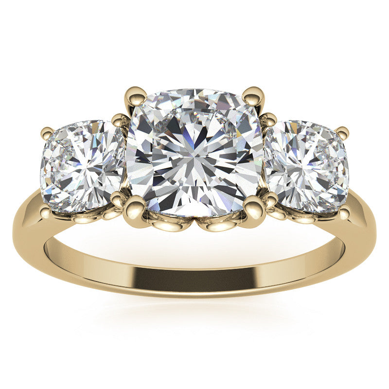 Cushion Moissanite Three Stone Ring with Scroll Accents