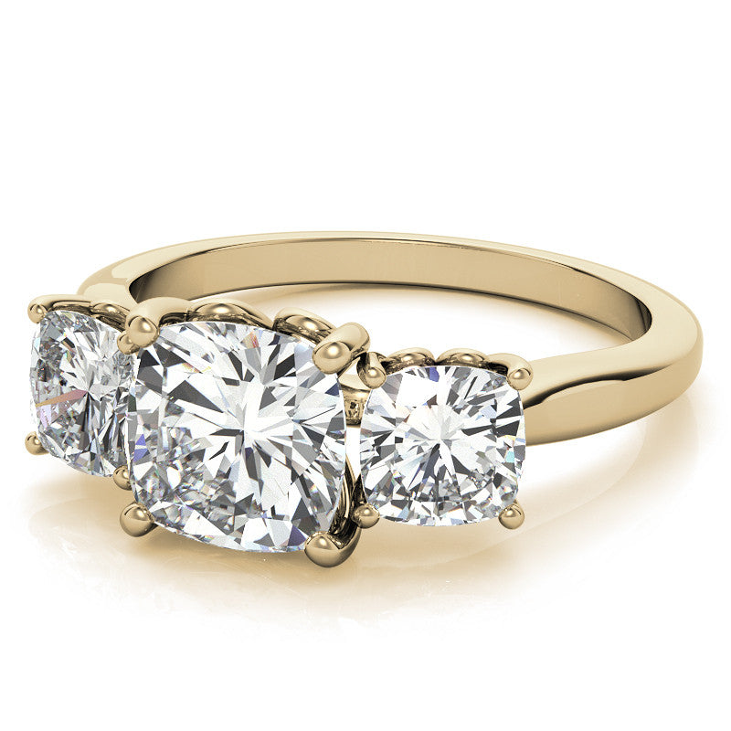 Cushion Moissanite Three Stone Ring with Scroll Accents