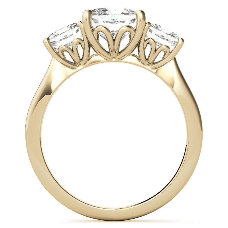 Cushion Moissanite Three Stone Ring with Scroll Accents