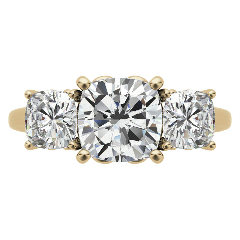 Cushion Moissanite Three Stone Ring with Scroll Accents